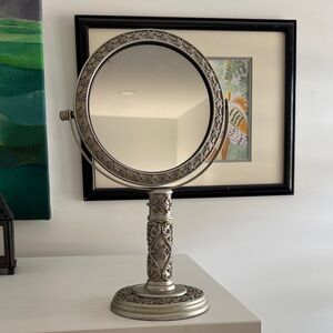 Vintage Silver Toned Two Sided Swivel Round Vanity Stand Alone Make Up Mirror